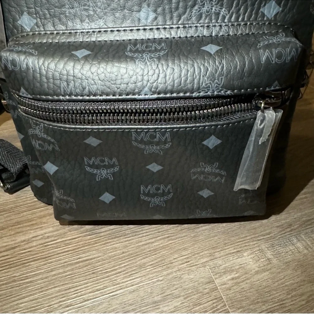MCM Stark Monogram Logo Black Visetos Canvas Leather Small Studded Backpack